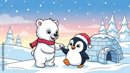 A white bear and a penguin standing together in a snowy landscape with an igloo and trees in the background