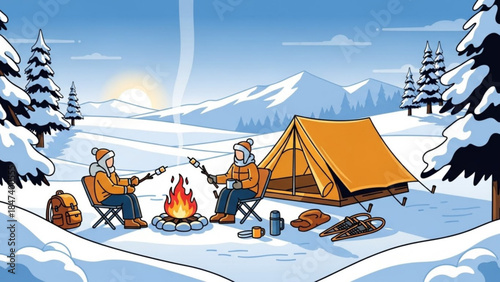 Two people camping in snowy mountains with tent and campfire