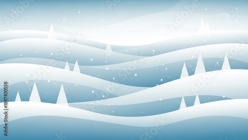 Snowy landscape with white hills and blue sky background, snow falling gently