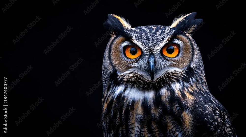 Obraz premium Majestic Owl with Striking Orange Eyes on Dark Background