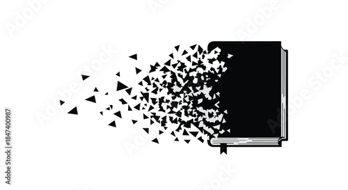 A closed book dissolving into scattered black triangles, symbolizing fading knowledge or disappearing stories.