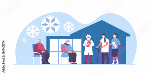 Healthcare workers assist senior citizens outside a building during winter season