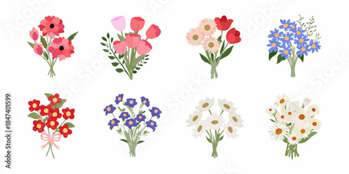 A colorful collection of illustrated flower bouquets in various arrangements