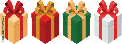 Isometric Christmas Gift Boxes with Colorful Ribbons Set