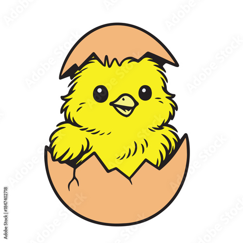 A charming vector depicts a little chick hatching and remaining in its eggshell, illustrated in a cute cartoon style that feels joyful, innocent, and perfect for playful design themes.
