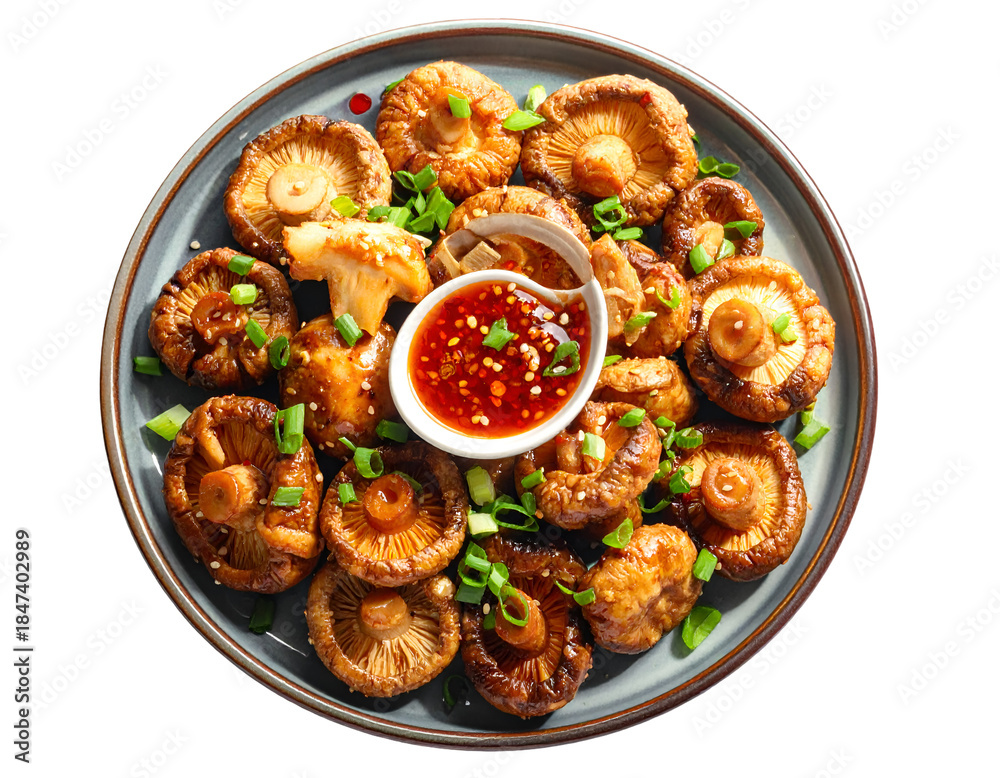 Fototapeta premium Hot fried shiitake mushrooms with green onions and spicy sauces on plate isolated on transparent png