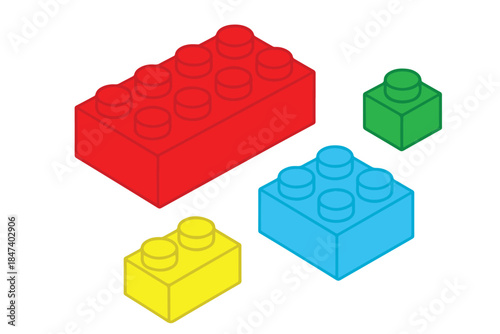 A simple vector illustration shows four colorful brick blocks arranged neatly, using clean shapes and bright colors to represent construction, creativity, learning, and playful design concepts.