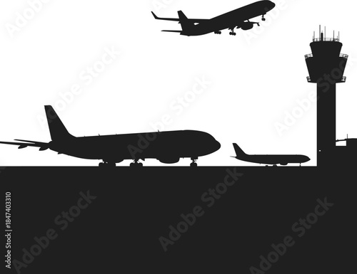 Vector illustration set featuring a cartoon airplane flying in the blue sky and a jet transport aircraft on the airport road for aviation travel design