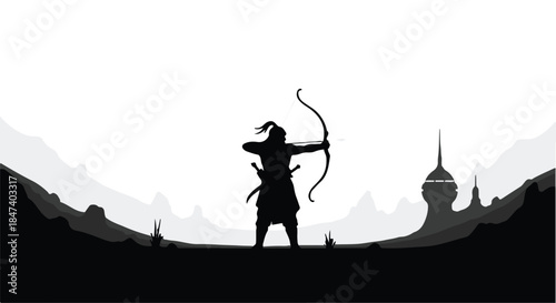 Silhouette of an archer aiming a bow against a stylized landscape with ancient structures.