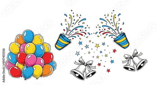 Festive Celebration with Balloons, Confetti Poppers, and Jingle Bells.