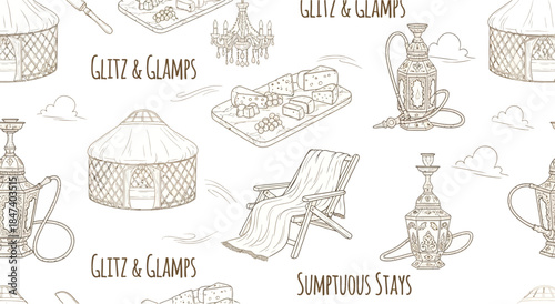 Glitz and Glamping Illustration with Sumptuous Stays and Leisure Elements.