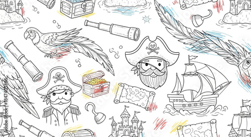 Pirate themed illustration with various elements like parrot, ship, treasure, and map.
