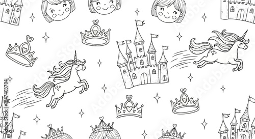Magical Unicorns and Castles Seamless Pattern for Kids.