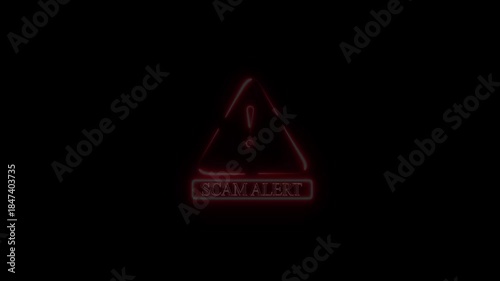 A dynamic digital animation featuring a scam alert symbol with exclamation mark, and digital data protection.Cyber hacking risks, and internet security awareness on black background.