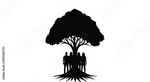 Family silhouettes stand together under a large tree, symbolizing unity and growth.