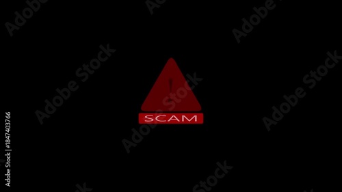 A dynamic digital animation featuring a scam alert symbol with exclamation mark, and digital data protection.Cyber hacking risks, and internet security awareness on black background.