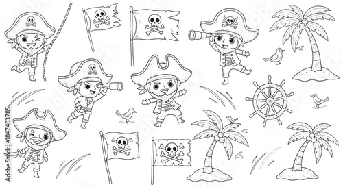 Pirate themed cartoon illustrations with flags and palm trees.