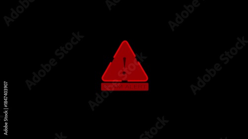 A dynamic digital animation featuring a scam alert symbol with exclamation mark, and digital data protection.Cyber hacking risks, and internet security awareness on black background.