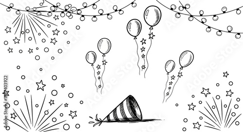 Hand drawn sketch of party elements including balloons and party hat.