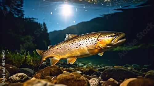Underwater Trout Swimming in River at Night