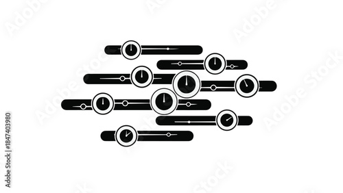 Modern abstract clock design element with multiple clock hands and faces in black and white for graphic design time management and organization concepts