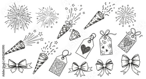 Hand-drawn set of festive elements including party poppers, fireworks, bows, and gift tags.