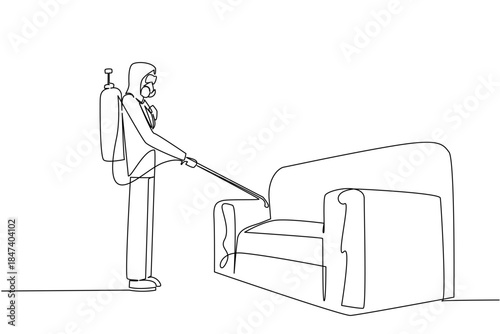 Single line drawing of a man in protective outfit spraying a sofa for pest prevention, emphasizing safe home hygiene and female professionals during World Pest Day international event for health