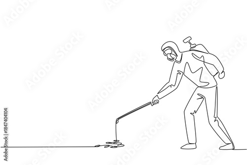 One line drawing of a pest control worker in protective gear standing and spraying pesticide, representing professional pest management and safety effort during World Pest Day international campaign