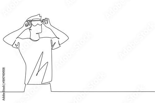 One line drawing of man wearing fashionable sunglasses, highlighting eye health awareness and the importance of UV protection and individuality for National Eyewear Day in a global style and wellness