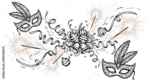 Festive Celebration with Masks, Bells, and Sparklers in Sketch Style.