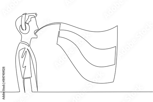 Single line drawing of a young male interpreter wearing headphones and translating Russian, symbolizing language translation and global collaboration for Russian Language Day at an international event