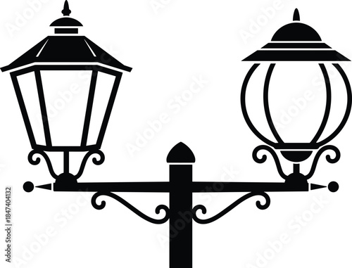 Vintage double head street lamp silhouette featuring classic lantern design decorative urban outdoor lighting flat vector isolated white background