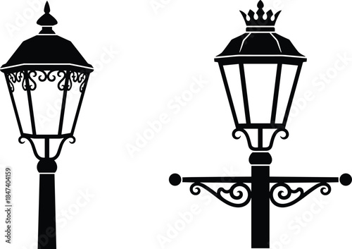 Vintage street lamp silhouettes featuring ornate classic lantern designs for decorative urban outdoor lighting flat vector isolated white background