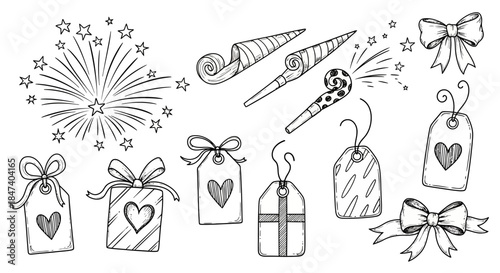 Hand Drawn Celebration Elements with Gifts and Fireworks.