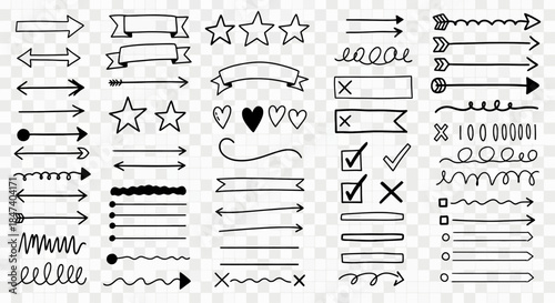 Hand drawn doodle arrows, ribbons, stars, hearts, and check marks for design elements.