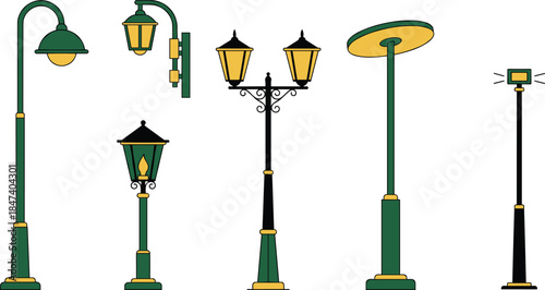 Street lamp illustrations set featuring vintage lanterns and modern outdoor light posts decorative urban lighting flat vector isolated