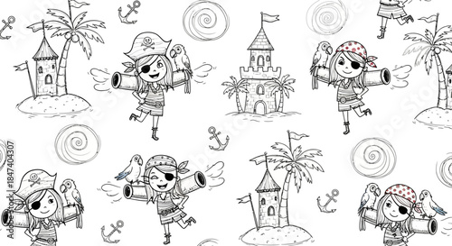 Pirate-themed seamless pattern with cartoon characters and nautical elements.