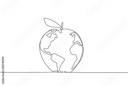 Creative single line drawing illustration showing an apple shaped like a globe with a leaf, symbolizing World Food Safety Day, promoting health, nutrition, and safe food in a global nature concept.