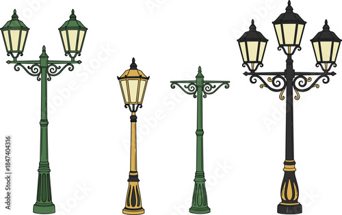 Vintage street lamp illustrations set showcasing ornate classic lantern posts and decorative urban outdoor lighting flat vector isolated background