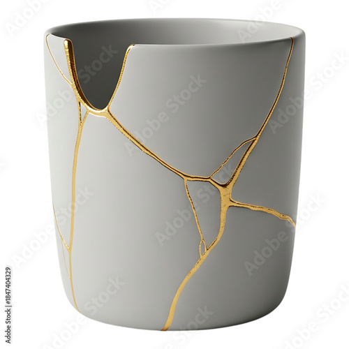 White ceramic cup with golden crack repair isolated on white background representing kintsugi philosophy