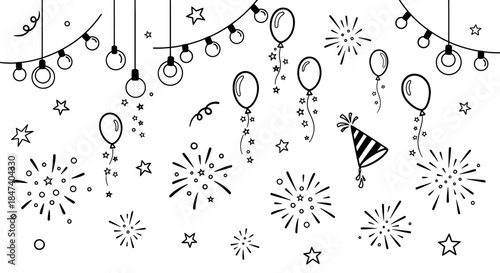 Festive celebration elements with balloons fireworks and party decorations.