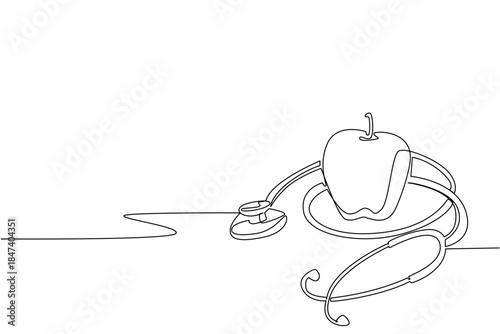 One line drawing of stethoscope with apple, highlighting nutrition and medical concept for World Food Safety Day, symbolizing the importance of healthy diet and global health protection.