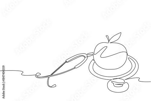 Continuous line drawing of orange connected with stethoscope, representing healthcare and nutrition concept for World Food Safety Day, symbolizing safe food choices and global wellness.