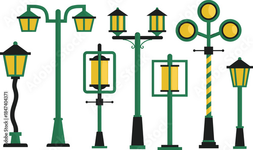 Street lamp illustrations set featuring vintage lanterns and modern outdoor light posts decorative urban lighting flat vector isolated background
