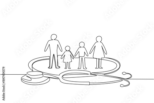 Continuous line drawing of family standing with stethoscope, symbolizing World Caring Day, family care, compassion, and global wellness in a health concept illustration.