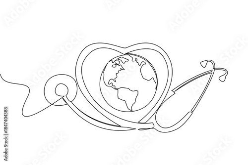 Continuous line drawing of stethoscope shaped into heart around Earth, symbolizing food safety concept and healthcare awareness for World Food Safety Day in global health theme.