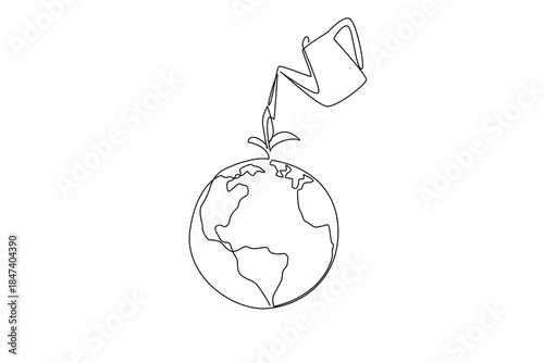 One line drawing of watering can nurturing sprout on Earth, symbolizing World Caring Day, emphasizing sustainability, growth, and care for future generations in eco concept.