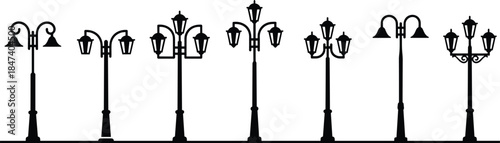 Decorative vintage street lamp silhouettes set showcasing classic multi head lanterns and urban lighting flat vector icons isolated background