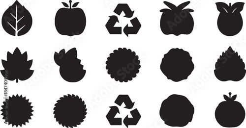 Organic food and recycling icons set black silhouette