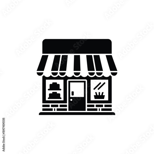 Shop Icon Black Silhouette on Transparent Background. Store front with awnings and display